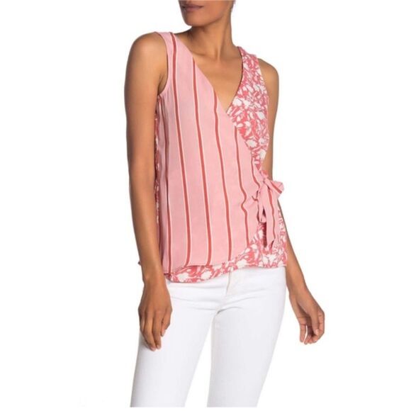 Bobeau Pink Orange Floral Striped Sleeveless Faux Wrap Tie V-Neck Blouse Small - Picture 1 of 9